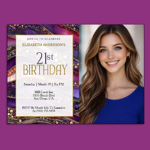 Invitación Foto de cumpleaños 21 con estratos de oro y joyas