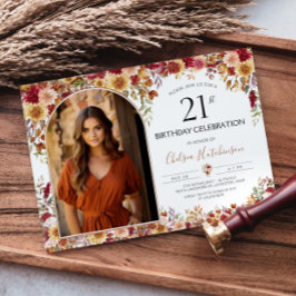 Invitación Foto de cumpleaños 21 de la floral moderna Boho