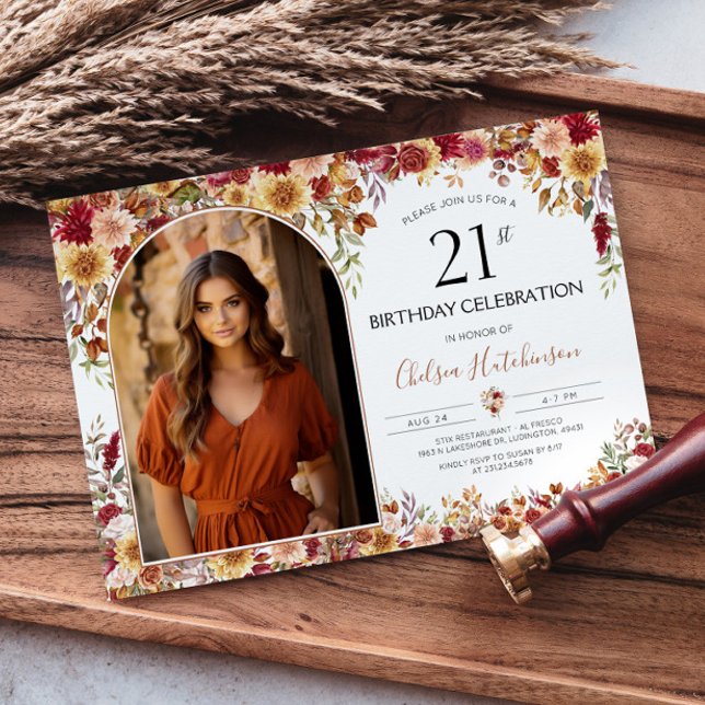 Invitación Foto de cumpleaños 21 de la floral moderna Boho (Modern Boho Floral 21st Birthday Photo Invitation)