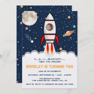 Invitación Foto de cumpleaños 2 del barco con cohete lunar