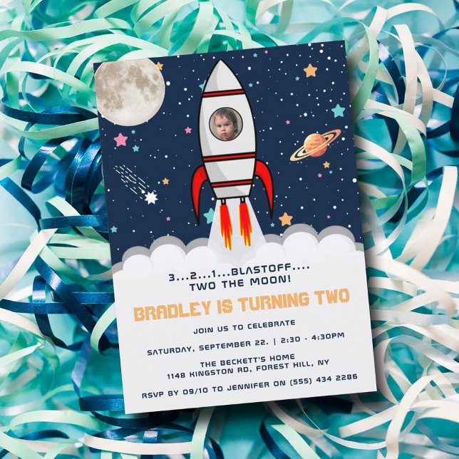 Invitación Foto de cumpleaños 2 del barco con cohete lunar (Subido por el creador)