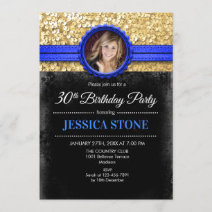 Invitación Foto de cumpleaños 30 - Azul real negro dorado