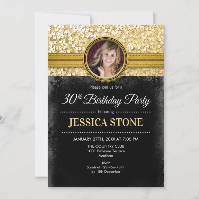 Invitación Foto de cumpleaños 30 - Negro de oro (Anverso)