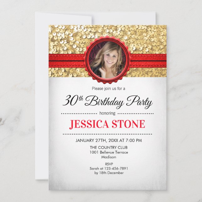 Invitación Foto de cumpleaños 30 - Rojo blanco dorado (Anverso)