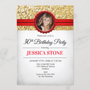 Invitación Foto de cumpleaños 30 - Rojo blanco dorado