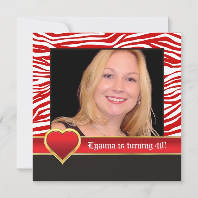 Invitación Foto de cumpleaños 40 de cebra y corazón rojos, bl (Anverso)