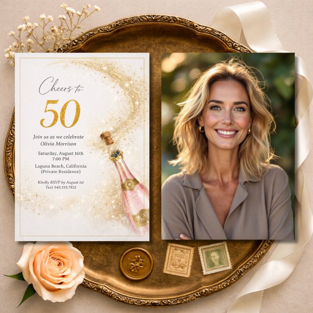 Invitación Foto de cumpleaños 50 con champán rosa dorado Chee (Subido por el creador)
