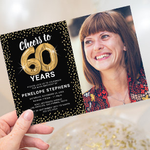 Invitación Foto de cumpleaños 60 de Black Gold Purpurina