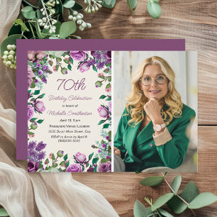 Invitación Foto de cumpleaños 70 de Flor de Menta Morada Verd