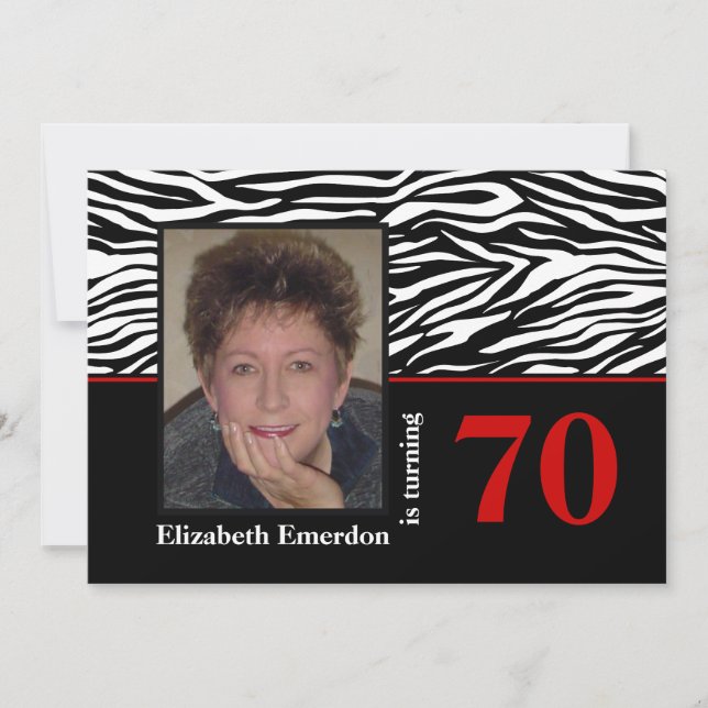 Invitación Foto de cumpleaños 70 de la huella de cebra roja b (Anverso)