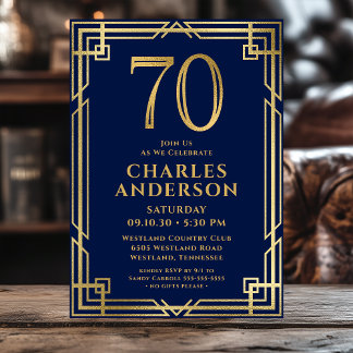 Invitación Foto de cumpleaños 70 en azul marino y dorado
