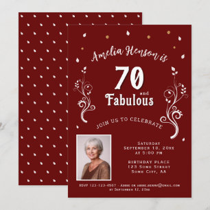 Invitación Foto de cumpleaños 70 y fabuloso con follaje rojo