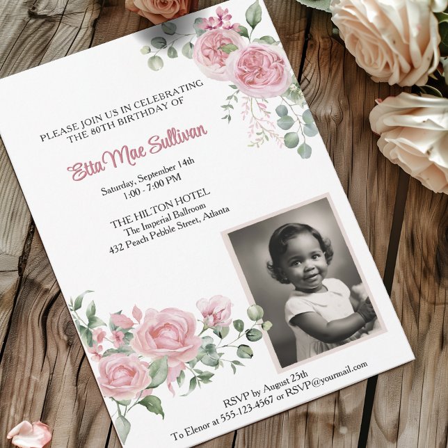 Invitación Foto de cumpleaños 80 de Pink Roses Floral (Subido por el creador)