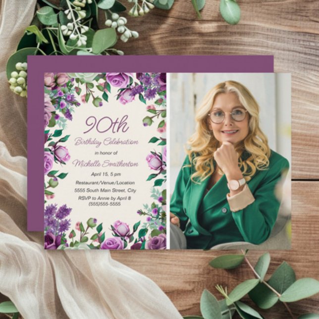 Invitación Foto de cumpleaños 90 de flor morada verde menta  (Purple floral and mint green foliage 90th birthday party photo invitation)