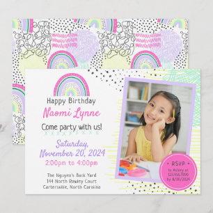 Invitación Foto de cumpleaños 90 de la chica arcoíris con doo