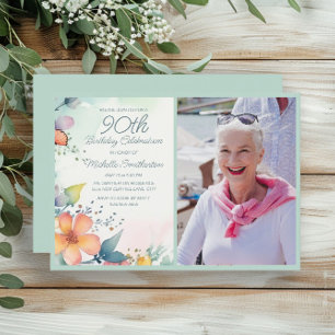 Invitación Foto de cumpleaños 90 de la floral Pastel Verde az