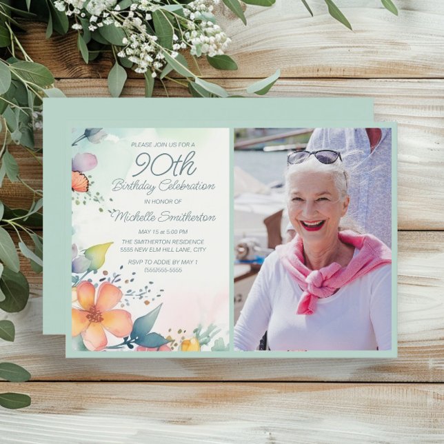 Invitación Foto de cumpleaños 90 de la floral Pastel Verde az (Pastel floral 90th birthday photo invitation)
