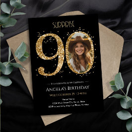 Invitación Foto de cumpleaños 90 de Surprise Gold Purpurina