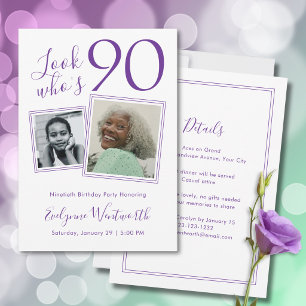 Invitación Foto de cumpleaños 90 elegante púrpura minimal scr