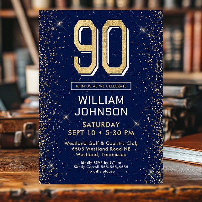 Invitación Foto de cumpleaños 90 en azul marino moderno (Subido por el creador)