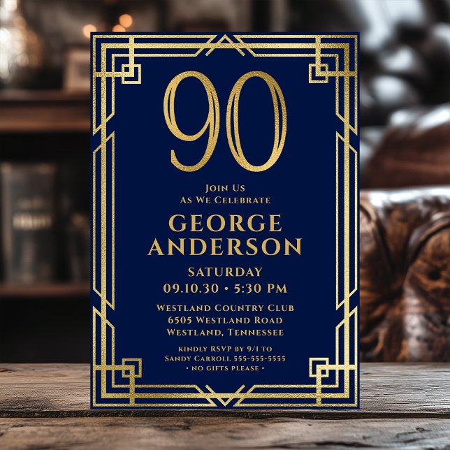 Invitación Foto de cumpleaños 90 en azul marino y dorado (Subido por el creador)