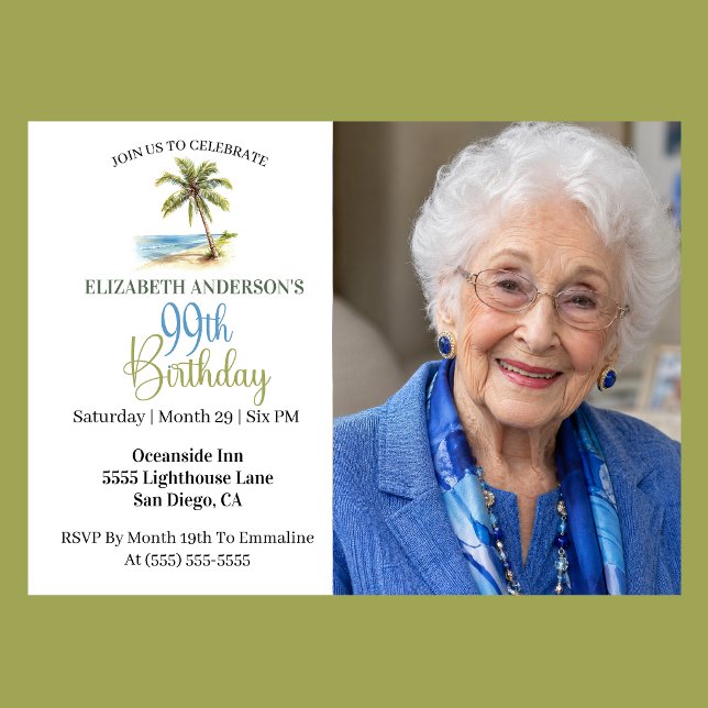 Invitación Foto de cumpleaños 99 de palmera de playa (Elegant coastal 99th birthday photo invitation with tropical palm tree beach design and ocean theme )