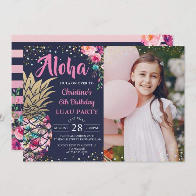 Invitación Foto de cumpleaños azul de la Marina de Piña Tropi (Anverso / Reverso)