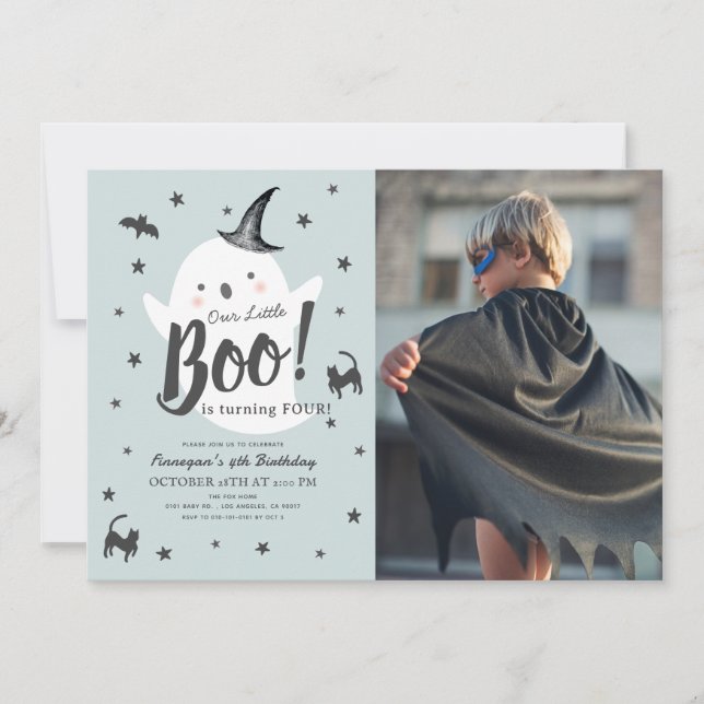 Invitación Foto de cumpleaños azul de Little Boo Ghost Hallow (Anverso)