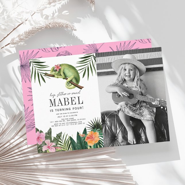 Invitación Foto de cumpleaños blanco del Chica Chameleon Rept (Subido por el creador)