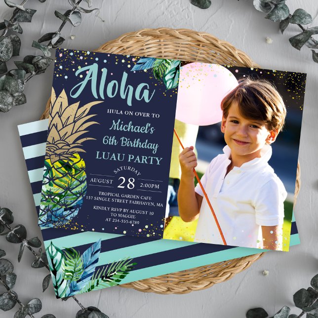 Invitación Foto de cumpleaños Blue Luau de la Marina de Piña  (Subido por el creador)