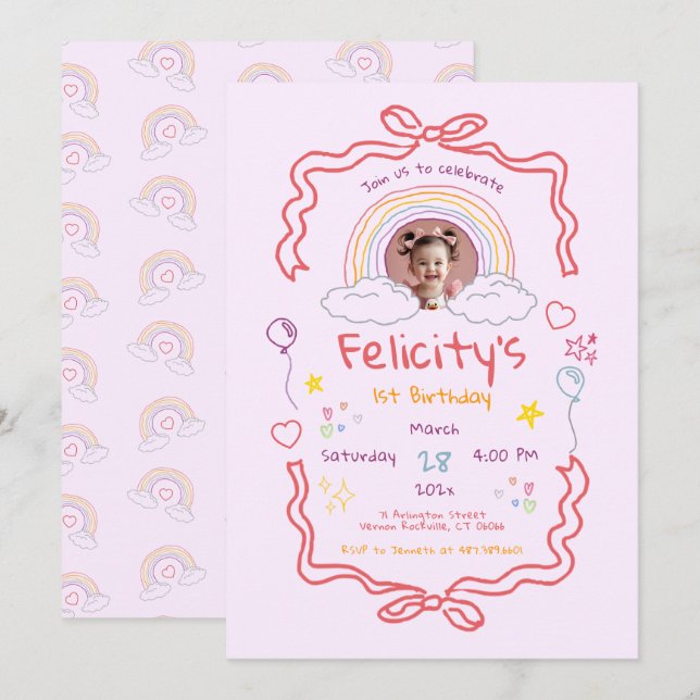 Invitación Foto de cumpleaños caprichosa con arcoíris dibujad (Anverso / Reverso)