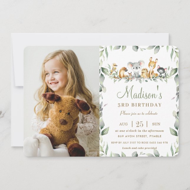 Invitación Foto de cumpleaños con animales australianos lindo (Anverso)