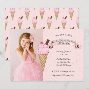 Invitación Foto de Cumpleaños con Cono de Helado Rosa