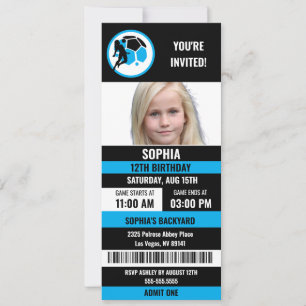 Invitación Foto de cumpleaños con entrada de fútbol azul y ne