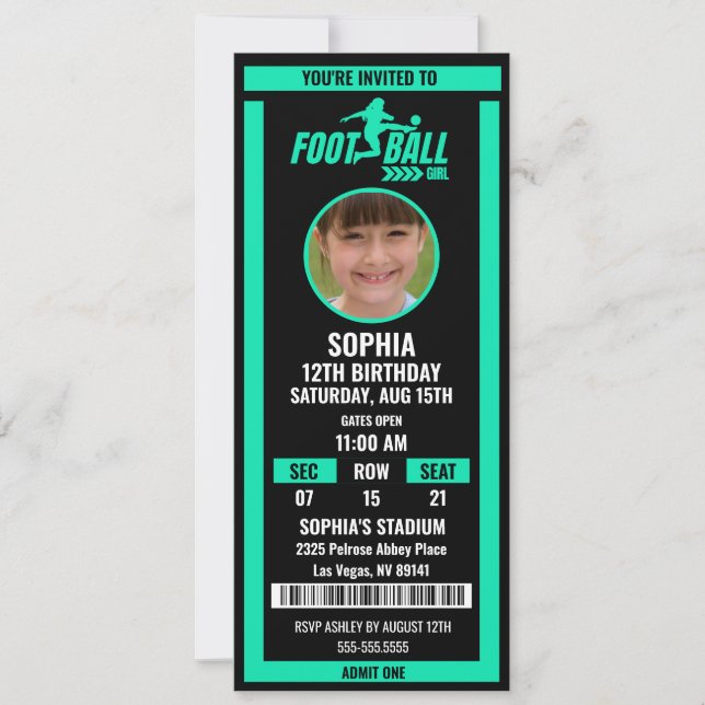 Invitación Foto de cumpleaños con entrada de fútbol negro ver (Anverso)