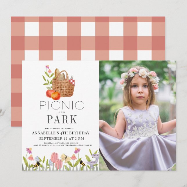 Invitación Foto de cumpleaños con flores en Park Basket (Anverso / Reverso)