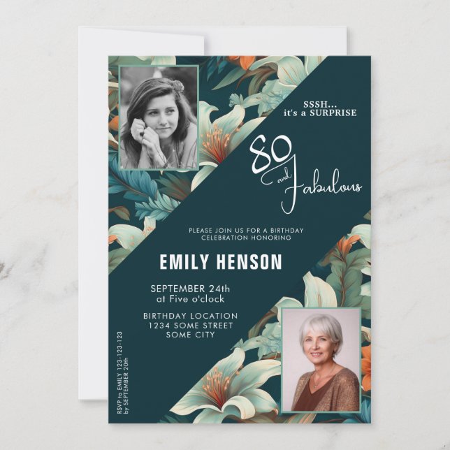 Invitación Foto de cumpleaños con flores y 80 y fabuloso (Anverso)