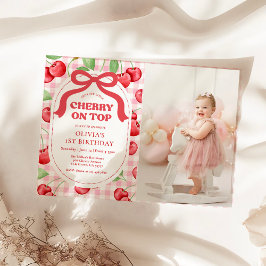 Invitación Foto de cumpleaños con lazo coqueto rojo y cereza