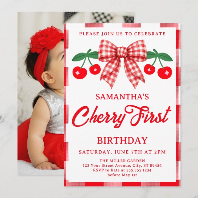 Invitación Foto de cumpleaños con lazo de gingham rojo de Che (Anverso / Reverso)