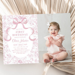 Invitación Foto de cumpleaños con lazo rosa floral chinoiseri
