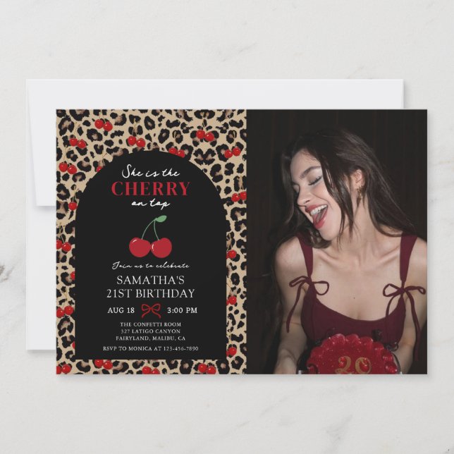 Invitación Foto de cumpleaños con leopardo guepardo y cereza  (Anverso)