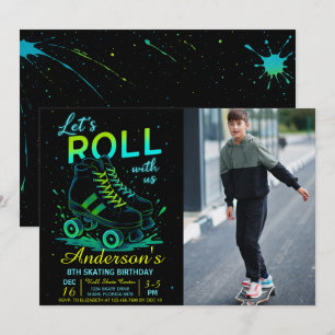 Invitación Foto de cumpleaños con patines de rodillos neon re