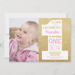 Invitación Foto de cumpleaños con purpurina dorada y rosa par