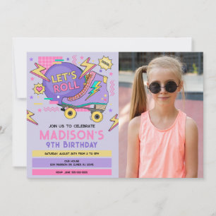 Invitación Foto de cumpleaños con tema de patines retro de lo
