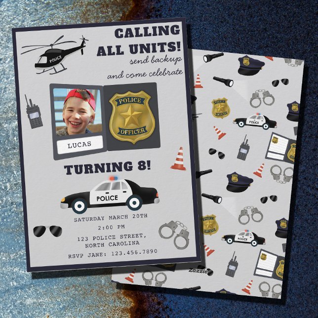 Invitación Foto de cumpleaños con tema de policía policía pol (Police Themed Policeman Cop Birthday Photo Invitation)