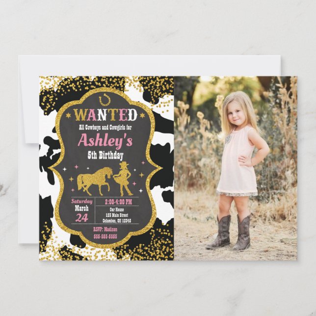 Invitación Foto de cumpleaños con temática vaquera de piel de (Anverso)