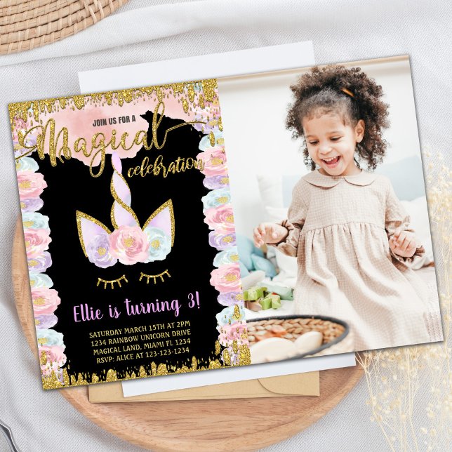 Invitación Foto de cumpleaños con Unicorn, Purpurina mágico n (Black Magical Glitter Unicorn Birthday w photo Invitation)