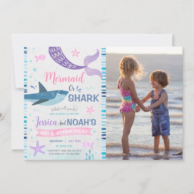 Invitación Foto de cumpleaños conjunta de Sirena y Tiburón (Anverso)