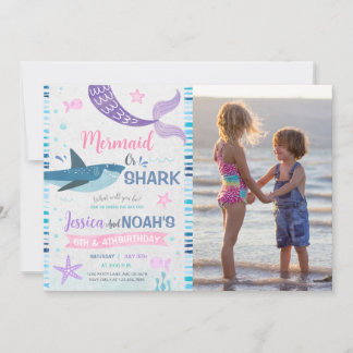 Invitación Foto de cumpleaños conjunta de Sirena y Tiburón