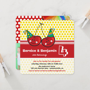 Invitación Foto de cumpleaños conjunto de gemelos niños cerez